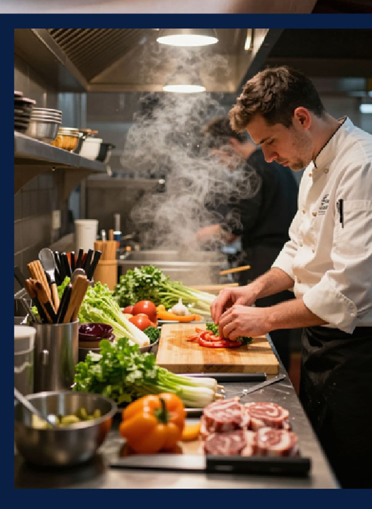 Chef bereidt verse ingrediënten in de keuken