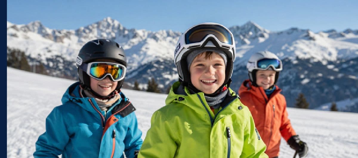 Kinderen met skihelm en bril lachend in de sneeuw